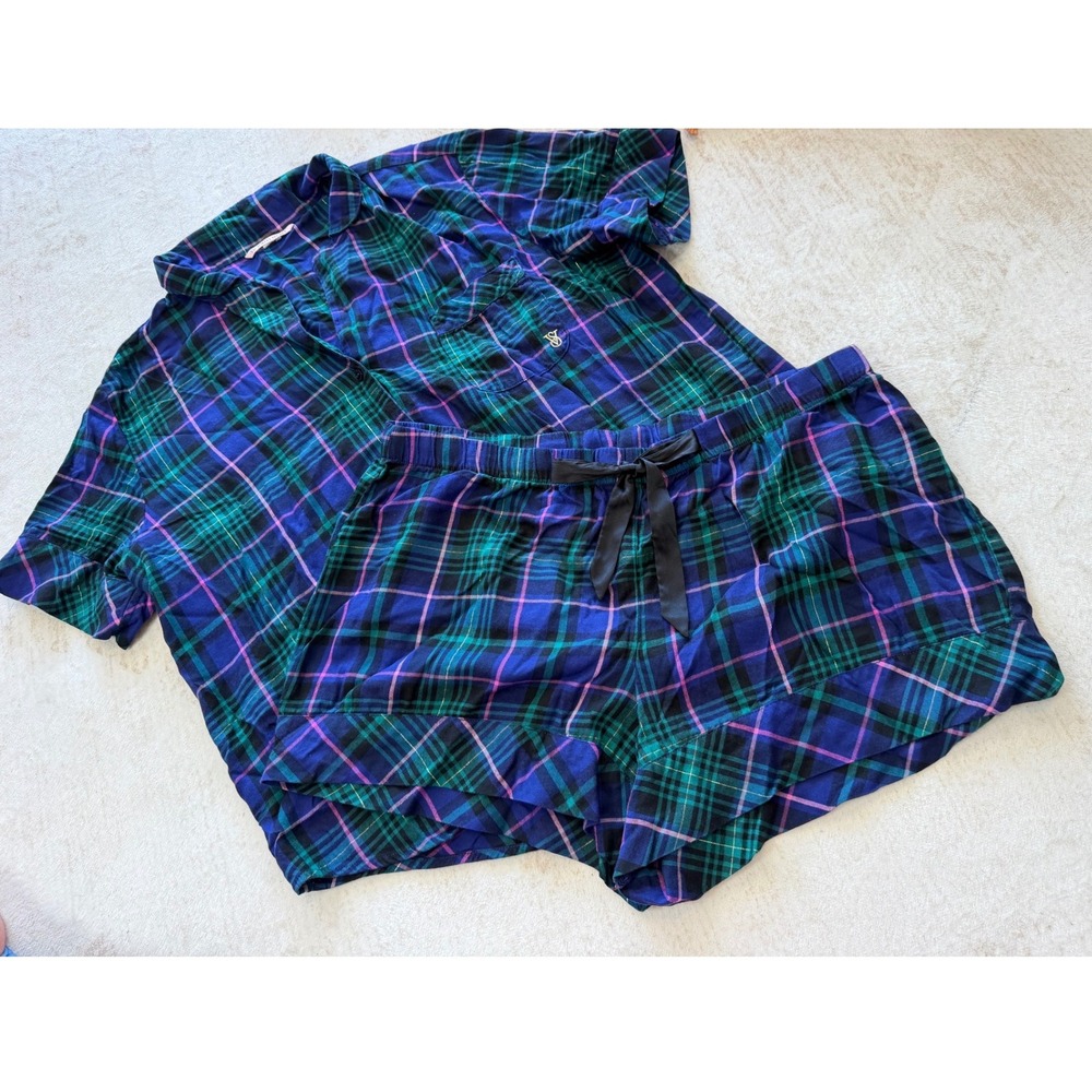 Victoria's Secret Plaid Pajama Set Blue Green Pink Lurex Short Sleeve Shorts L